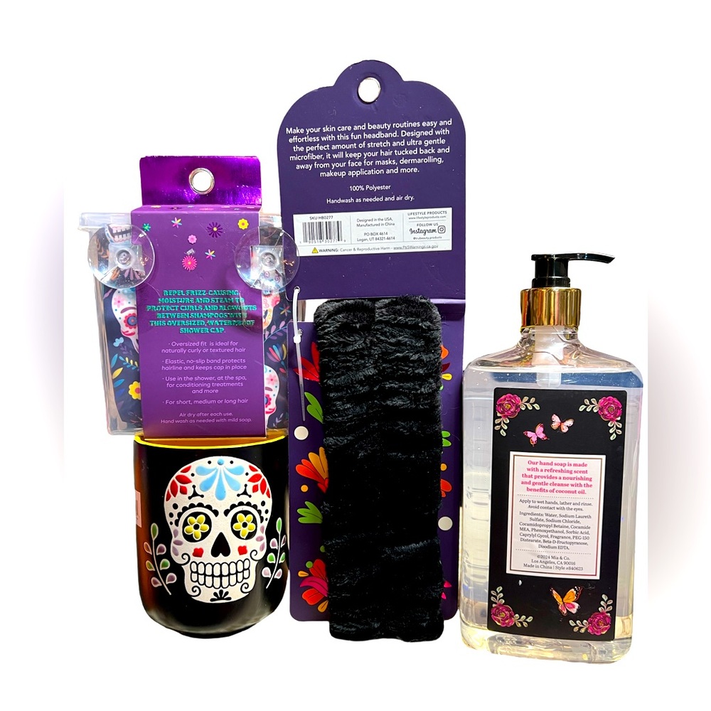 Sugar Skull Pampering Bundle NWT Sandalwood Hand Soap Mug Shower Cap Headband - Picture 3 of 3